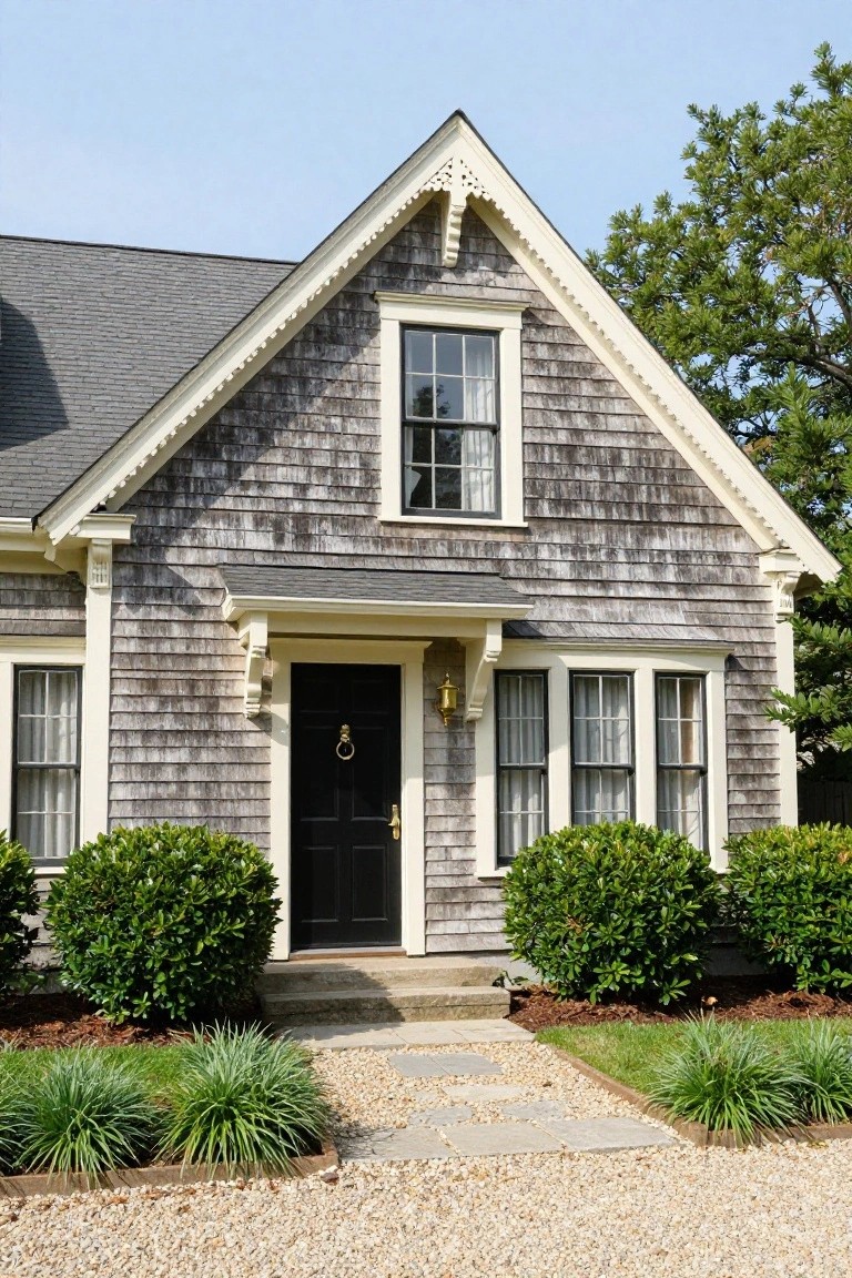 Gray shingled cottage house with white trim, gabled roof, central black door under small portico, flanked by boxwood shrubs, grass ornamental grasses, and stone path to gravel driveway.
