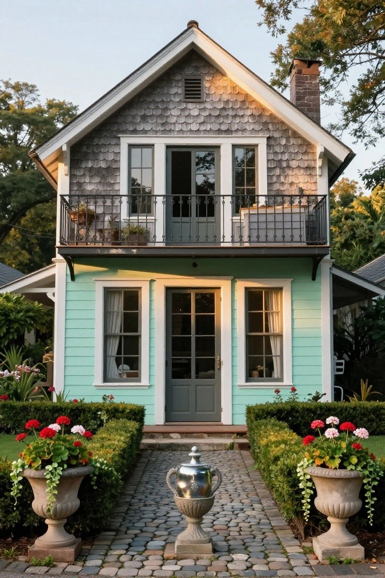 A two-story house with gray shingle siding on the upper gables and balcony, mint green clapboard siding on the lower body, centered dark green front door with flanking windows, wrought iron balcony above, cobblestone path with stone urn planters and flowers leading to the entry, surrounded by hedges and trees.