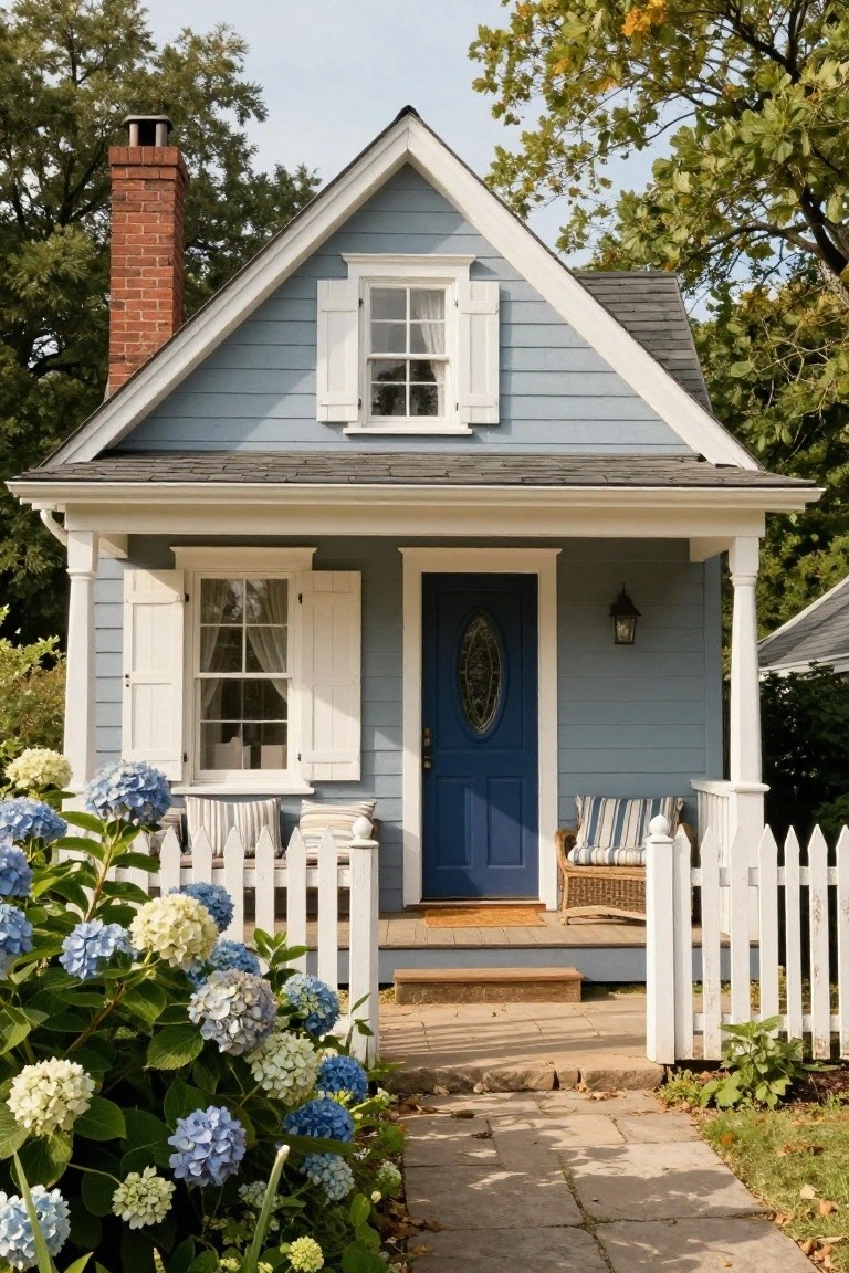 Light blue clapboard cottage with white trim and shutters, dark blue front door, covered porch with wicker chairs and cushions, white picket fence, and clusters of blue and white hydrangeas along the front path.