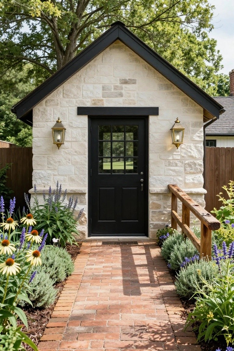 Small cottage building with light beige stone walls, black gabled roof and trim, black front door with glass panels and brass knob, flanked by gold lanterns, purple flowers and lavender plants along a brick walkway edged by wooden railing.