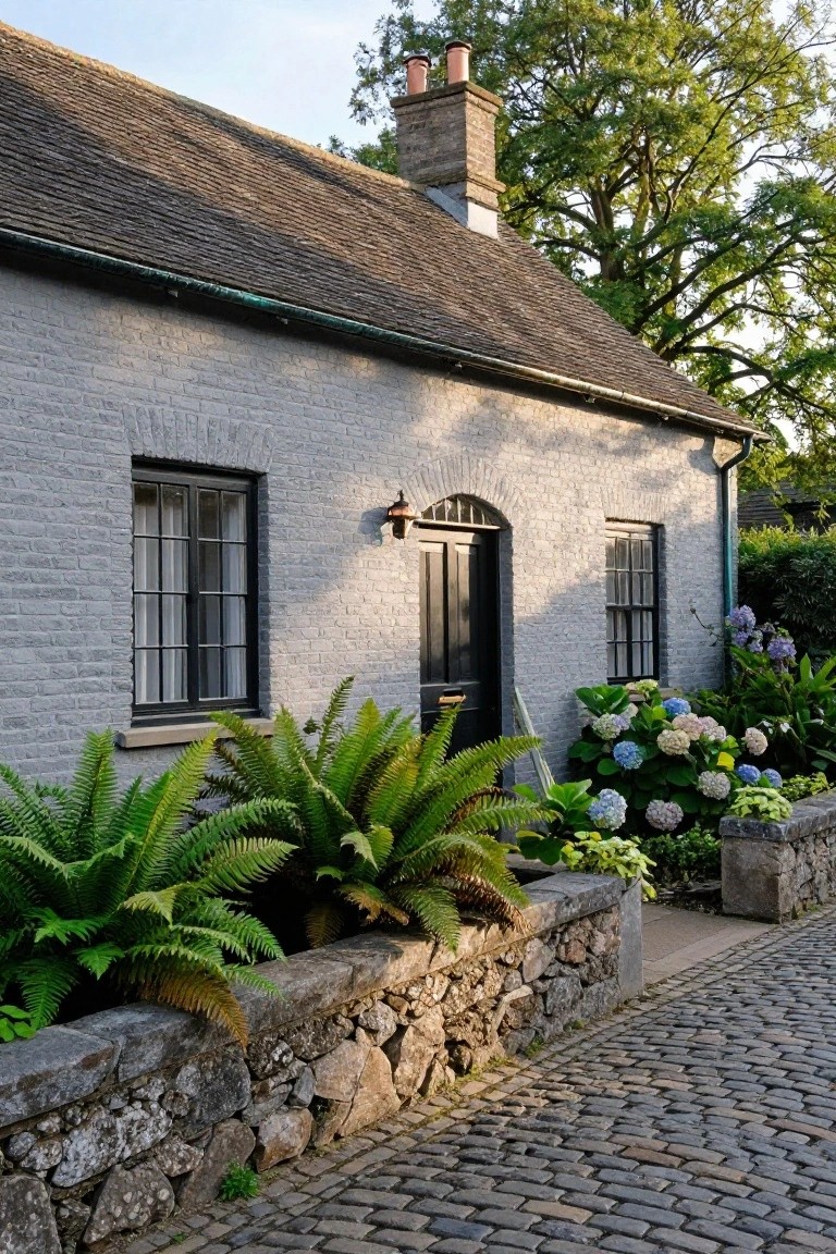 White brick cottage exterior with black-framed windows, black front door, copper lantern light, ferns and hydrangeas in stone wall bed, and cobblestone path.