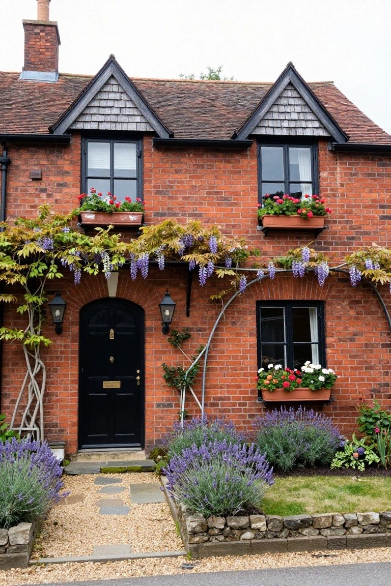Red brick two-story cottage with gabled roof, black-framed windows with flower boxes, black arched front door under wisteria-covered metal arch flanked by lanterns, lavender beds and stone path in front yard.