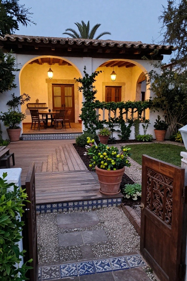 Spanish Colonial house exterior with white stucco walls, terracotta tile roof, double arched openings leading to wooden doors on a porch with dining table and chairs, potted plants, wooden deck, gravel pathway with blue tile borders, and open carved wooden gate surrounded by greenery at dusk.