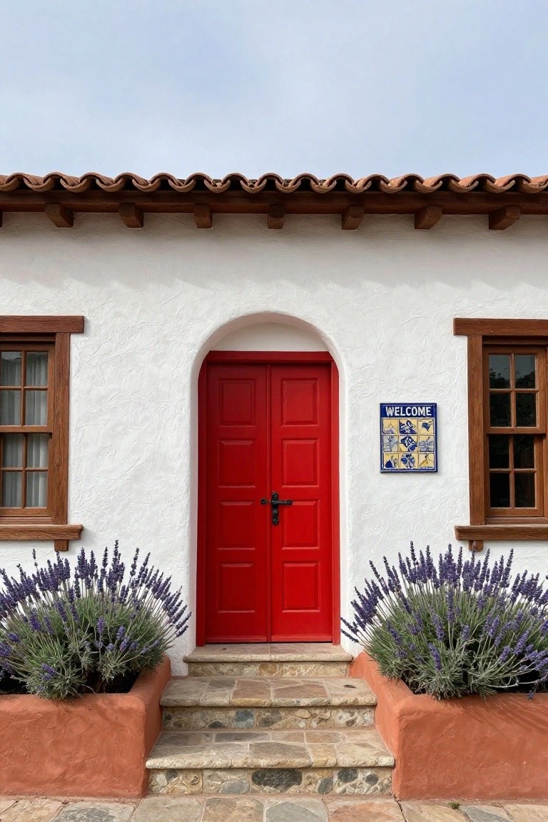 White stucco Spanish Colonial house facade with red double doors in an arched entryway, flanked by lavender plants in terracotta planters, wooden-framed windows, tiled roof, and stone steps.