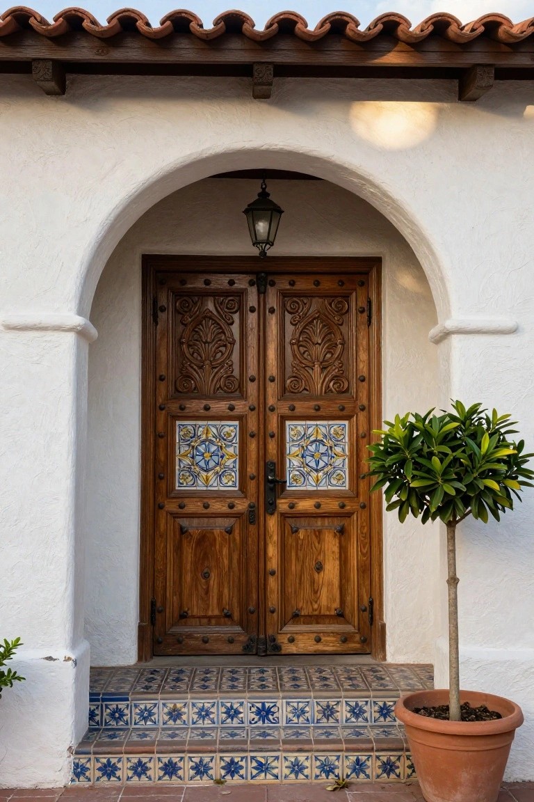 White stucco arched entryway with double carved wooden doors featuring blue and yellow tile insets and wrought iron hardware, tiled steps, a lantern light, and potted plants on either side.