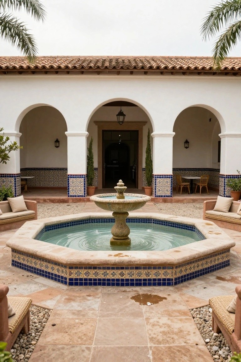Spanish Colonial courtyard with central octagonal stone fountain tiled in blue, surrounded by paver flooring, woven lounge chairs, potted plants, cypress trees, and white arched porticos.