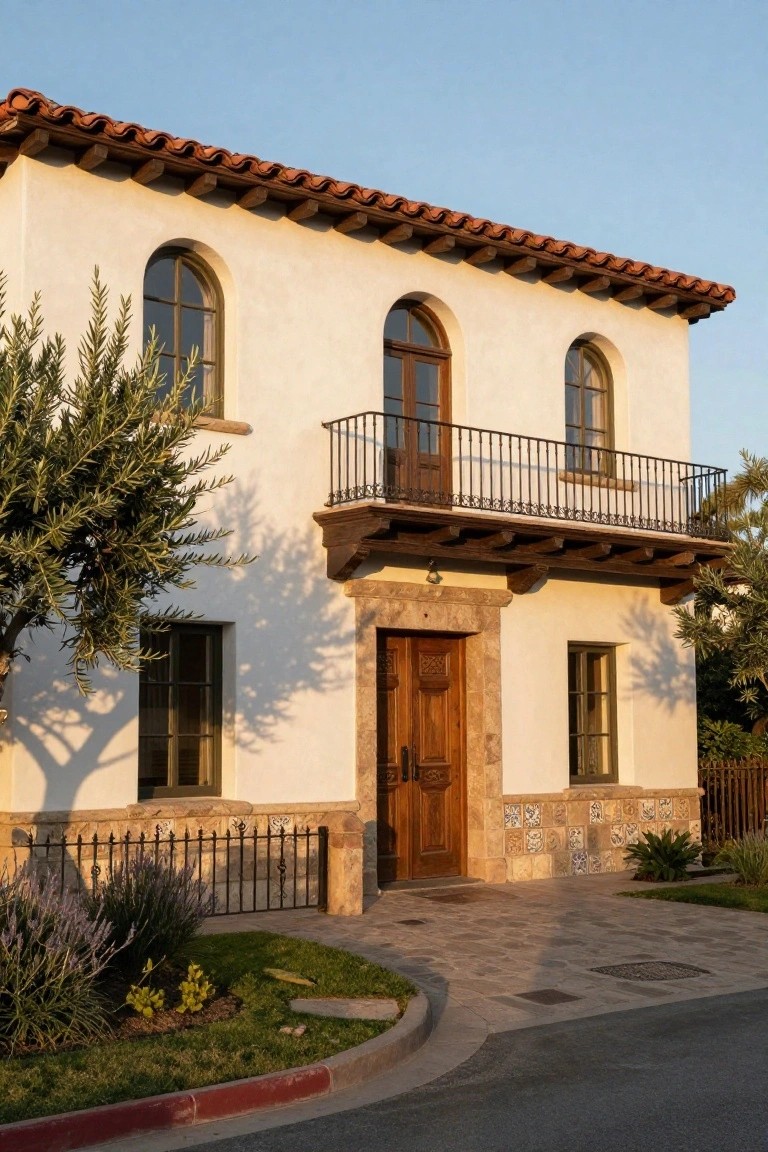 Two-story Spanish Colonial house exterior featuring white stucco walls, red barrel tile roof, wooden double front doors in a stone archway with tile details, wrought iron balcony above, olive tree to the side, and low landscaping along the front path.