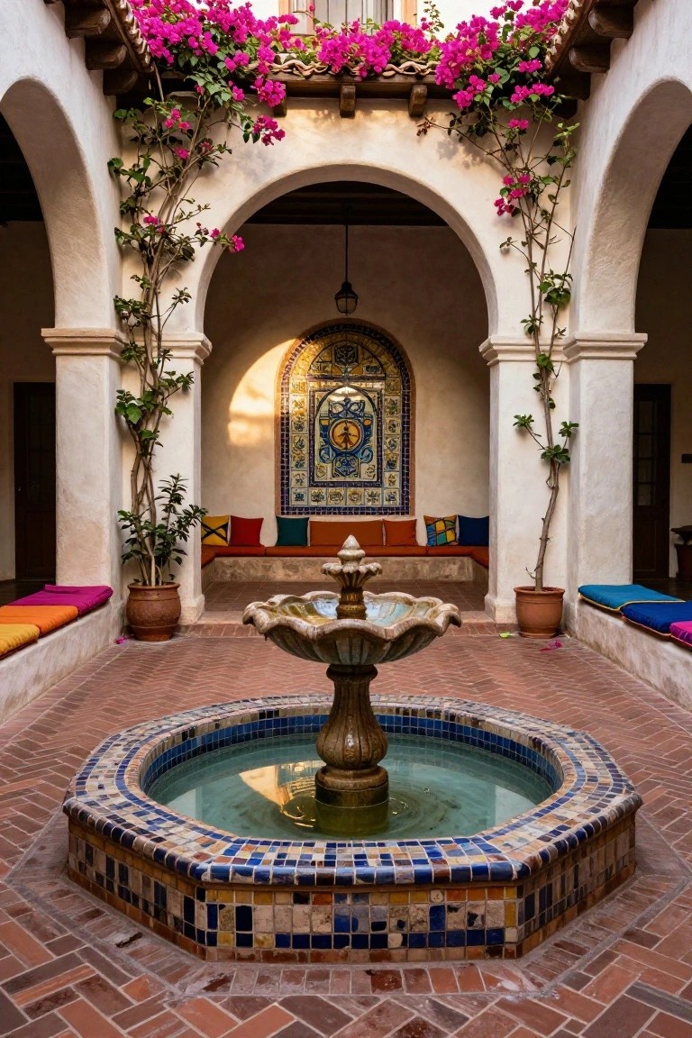 Enclosed stucco courtyard with central octagonal fountain tiled in blue and multicolored patterns, surrounded by built-in benches with colorful cushions, potted plants, climbing pink bougainvillea on arches, and a tiled window in the background.