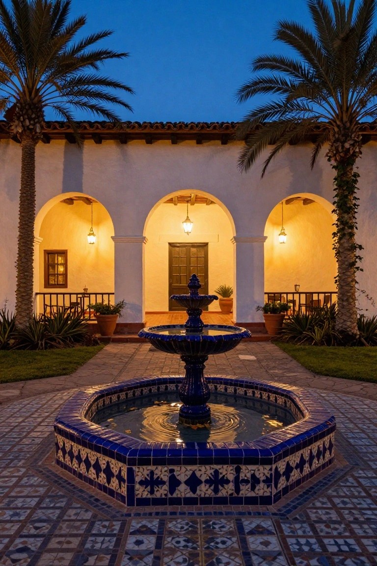 Spanish Colonial house exterior at dusk with white stucco walls, three arched openings, dark wood entry door, hanging lanterns, central blue octagonal tiled fountain in courtyard, palm trees, potted plants, and mosaic tile paths.