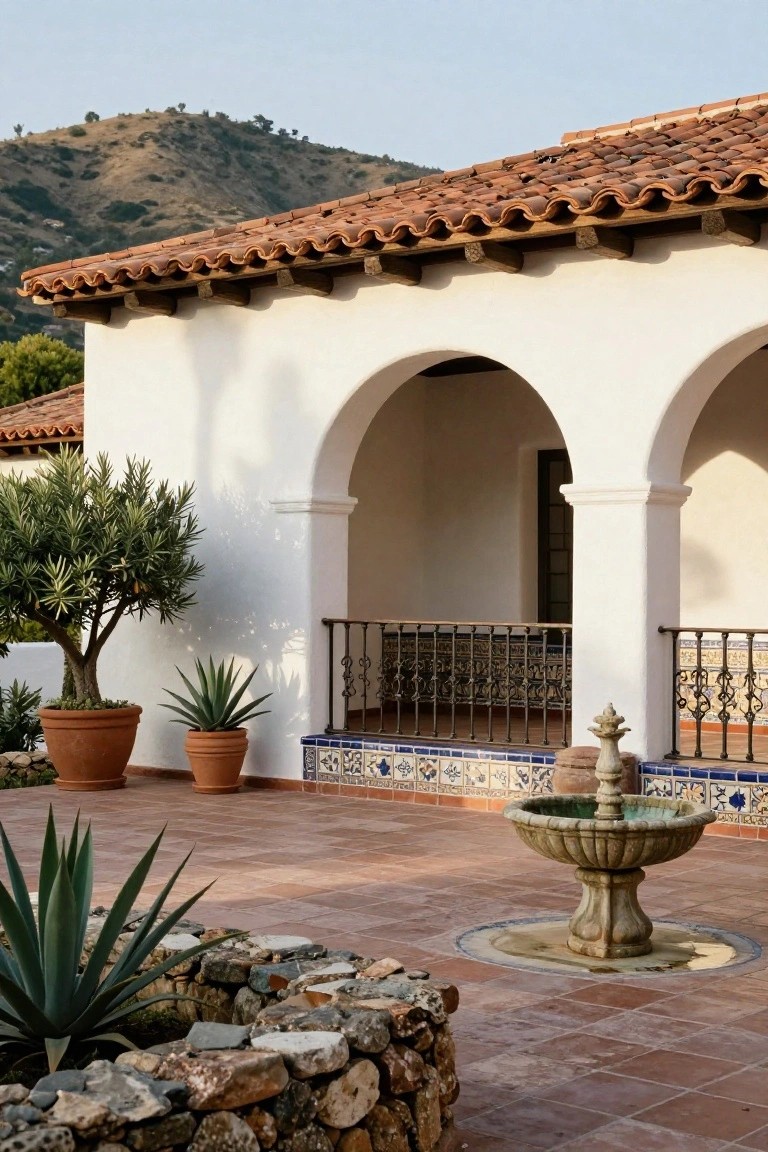 White stucco Spanish Colonial house exterior featuring double arches, wrought iron balcony with blue and white tiles, stone fountain on terracotta patio tiles, surrounded by potted olive tree, agaves, and rock wall.