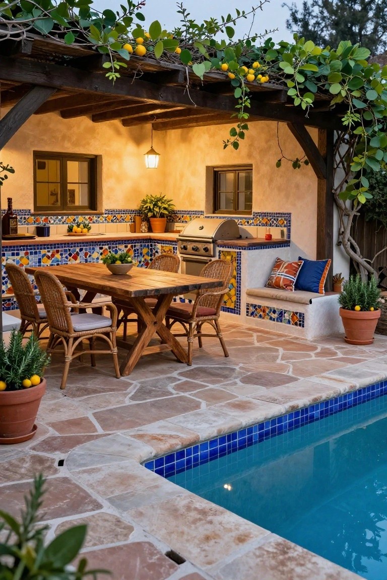 Outdoor patio under a wooden pergola covered in green vines with lemons, featuring a colorful tiled kitchen counter and grill, wooden dining table with chairs, built-in bench, potted plants, and edge of a blue-tiled swimming pool next to stucco walls.