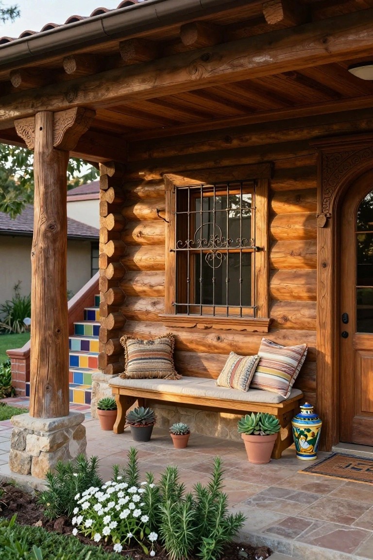 Front porch of a wooden log house featuring a cushioned bench, potted succulents and ceramics, arched door, window with scrolled black wrought iron grille, colorful tiled steps, stone base, and low garden plants.