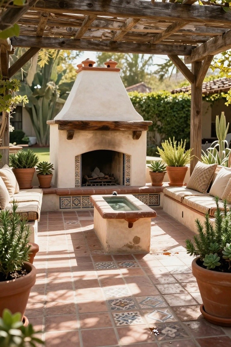 White stucco outdoor fireplace with wood mantel and tiled firebox containing gas logs, adjacent to a rectangular stucco fountain, surrounded by cushioned benches, potted plants, and terracotta tiled patio under wooden pergola.