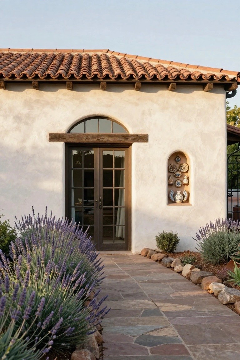 White stucco exterior wall of a Spanish Colonial style house with red tile roof, dark wood French doors under a rough horizontal timber beam lintel, arched niche displaying ceramic plates, lavender plants, and a flagstone path leading to the entry.