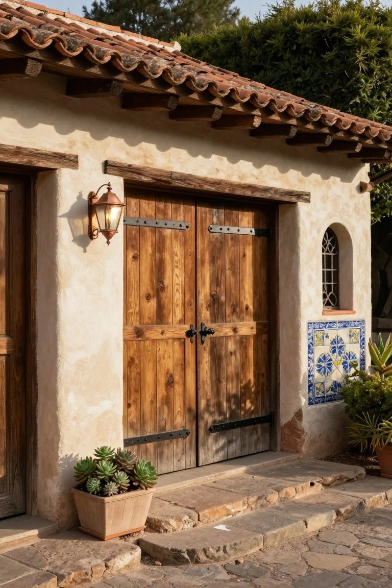 Spanish Colonial house exterior with heavy wooden double doors featuring iron hardware and straps, stucco walls, terracotta tile roof, wall lantern, arched window, blue tiled accents, potted succulents, and stone steps.