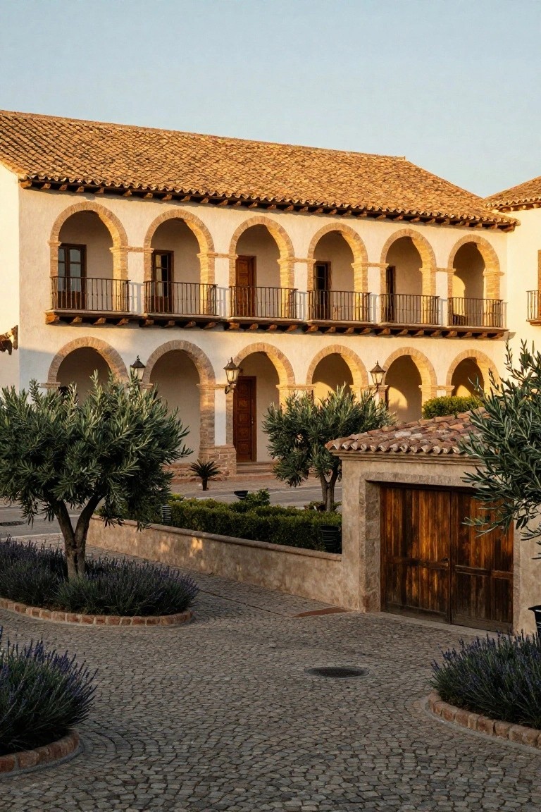 Two-story white stucco house with terracotta tile roof, multiple rounded arches supporting upper wrought-iron balconies, olive trees, lavender plantings, stone walls, and wooden garage door on cobblestone paving.