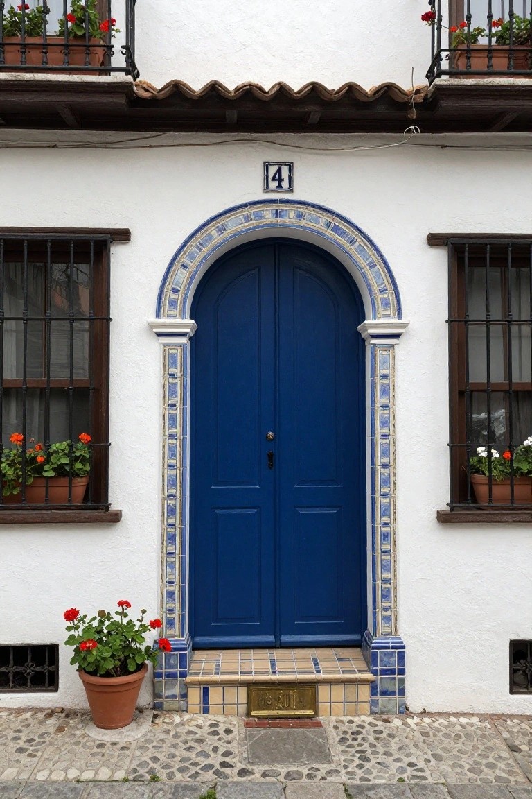 White stucco house facade with a blue double door in an arched entryway trimmed in blue-and-white tiles, flanked by windows with black wrought-iron grilles, several potted red geraniums, and a pebbled stone pathway.