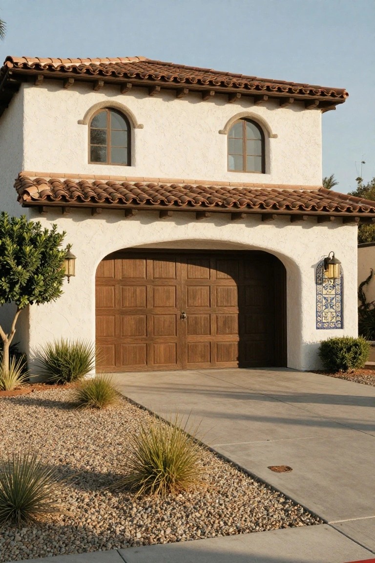 White stucco Spanish Colonial house with terracotta tile roof, arched dark wood garage door, wall lanterns, tile accent, and gravel yard with agave plants.