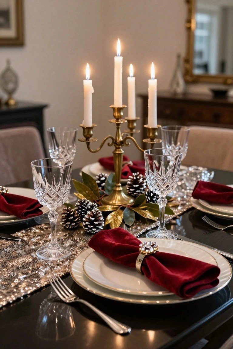 Close-up of a Christmas dining table with a central brass candelabra holding four lit white candles, surrounded by crystal stemware, red fabric napkins with gold accents, pinecones, magnolia leaves, and a gold sequin table runner on a glossy black surface.