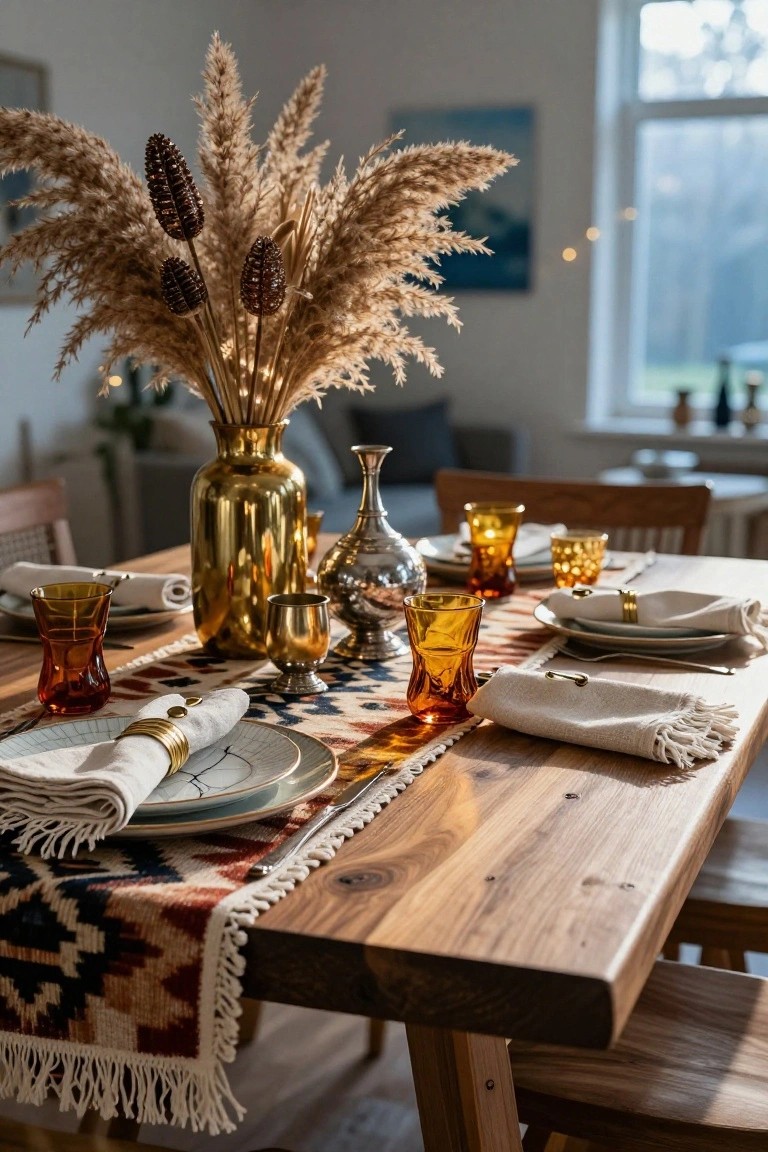 Wooden dining table set with brass vase of pampas grass and pinecones, amber glasses, metallic cups, patterned runner, white plates with gold napkin rings, and chairs in a light-filled room.