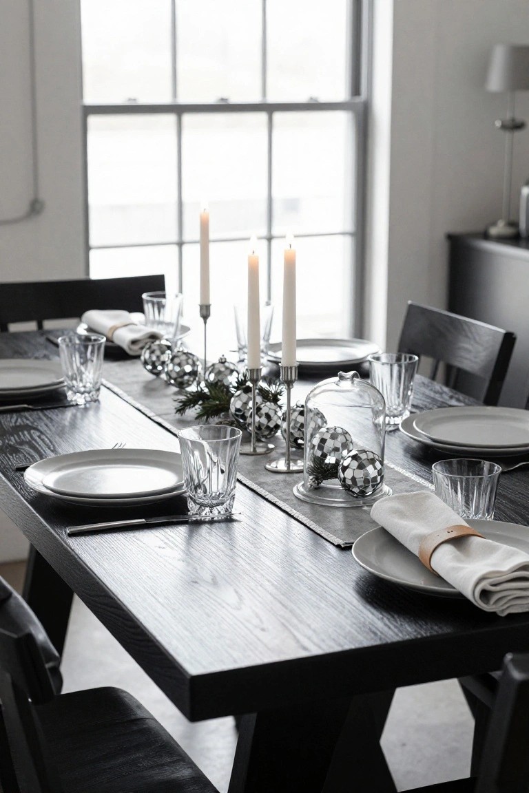 A dark wooden dining table set for Christmas with a linear centerpiece of white taper candles, metallic silver and black glitter balls, holly branches, and a glass cloche, surrounded by white plates, napkins, and glassware, in a bright room with large windows.