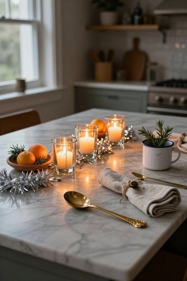 Closeup of a white marble kitchen table decorated for Christmas with glass votive candles, a wooden bowl of oranges and rosemary sprigs, silver tinsel, gold spoons and ladle, linen napkins tied with twine, and an enamel mug.