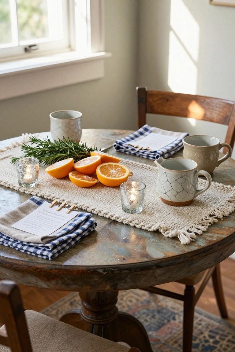 Rustic table with oranges, rosemary, ceramic mugs, and candles on woven runners.
