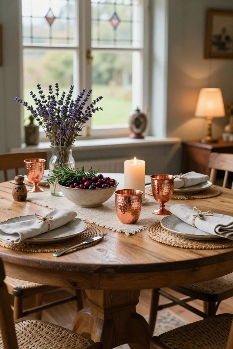 Round wooden dining table set for two with hammered copper glasses and mugs, a lit white candle, white bowl of red cranberries with rosemary sprigs, vase of lavender flowers, white plates with linen napkins tied in twine, salt shaker, and knife on woven placemats, next to a window.