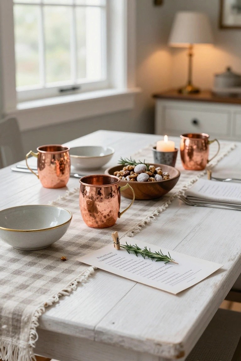Whitewashed wooden dining table set with hammered copper mugs, white ceramic bowls, wooden bowl of nuts and powdered sugar balls, rosemary sprigs, candle, and paper menu on checkered runner.