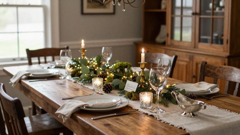 Wooden dining table in a room with Christmas centerpiece of pine branches, eucalyptus leaves, fairy lights, pinecones, candles, crystal glasses, and white plates with napkins.