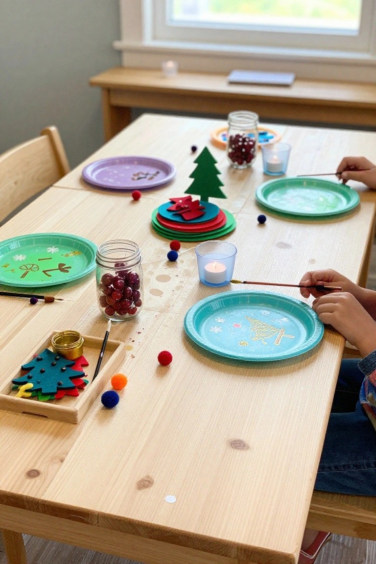 Children painting paper plates with holiday crafts at a wooden table.