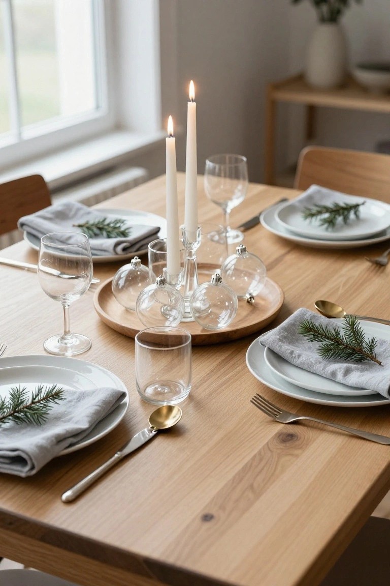 Elegant wooden table set with white plates, candles, and glass ornaments.