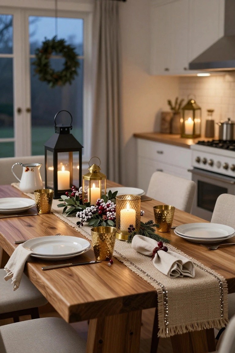 Kitchen dining table set for Christmas with multiple gold metallic lanterns and hammered cups holding candles, along a burlap runner with greenery branches, berries, white plates, and cream napkins on wood surface, French doors and wreath in background.