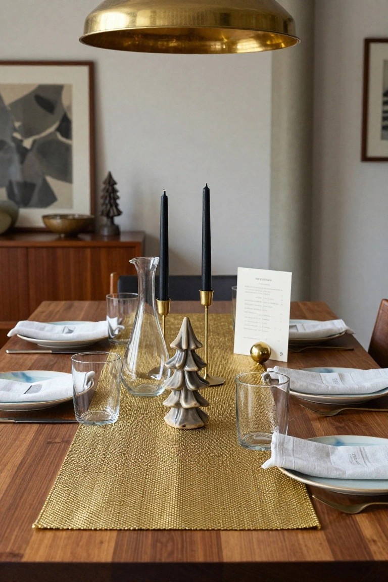 Dining table with gold sequined runner, small white ceramic Christmas trees, black taper candles in gold holders, glass carafe and tumblers, white plates and napkins in a wood-paneled room under brass pendant light.