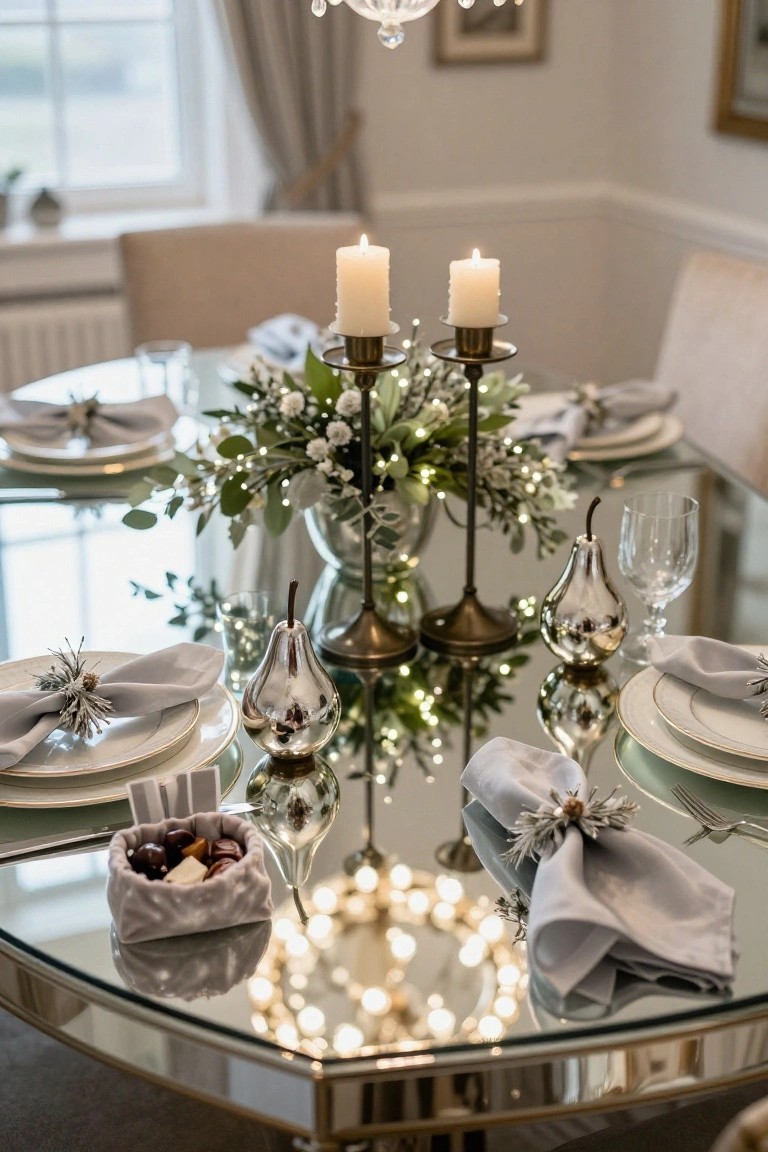 Close-up of a Christmas dining table on a mirrored glass surface with burning white candles in brass holders, fairy lights, metallic pear decorations, white flower arrangements, grey napkins with pinecone accents, and white plates.