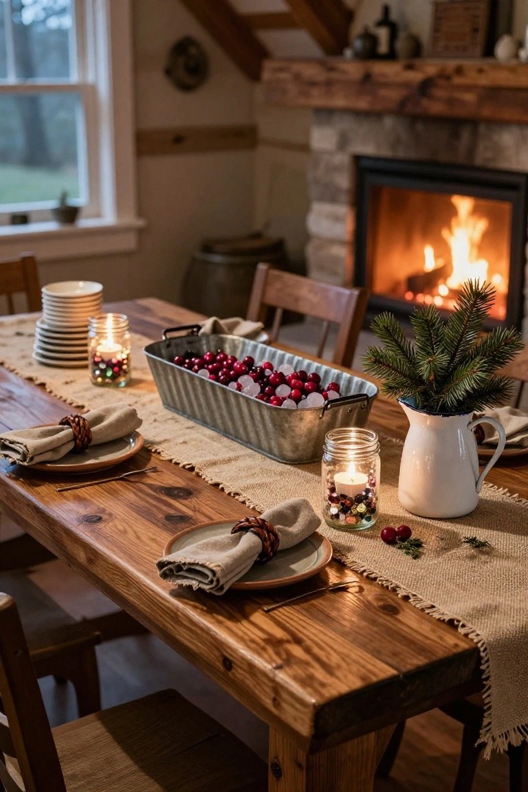 Rustic wooden dining table set for Christmas with a galvanized tin tray filled with red cranberries as centerpiece, burlap runner, stacked plates, candles in glass jars, wooden chairs, and stone fireplace in background.