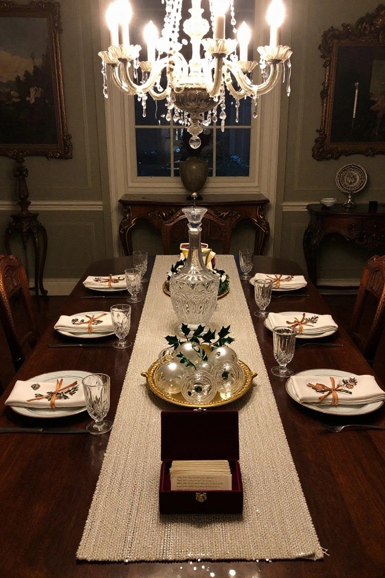 A formal dining room table set for Christmas with a long white shimmering runner down the center, flanked by crystal glasses, a cut-glass decanter, gold tray of glass ornaments, place settings with napkins tied by cinnamon sticks, ornate sideboards, chandelier lighting, and framed artwork on walls.