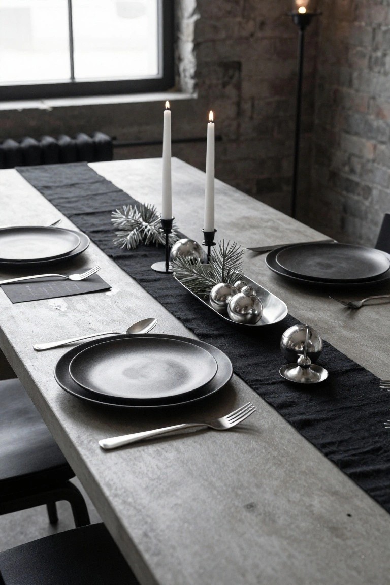 Wooden dining table set for Christmas with black linen runner holding silver baubles in a metal tray, fir branches, white taper candles, black plates, and silverware, in a brick-walled room with black chairs.