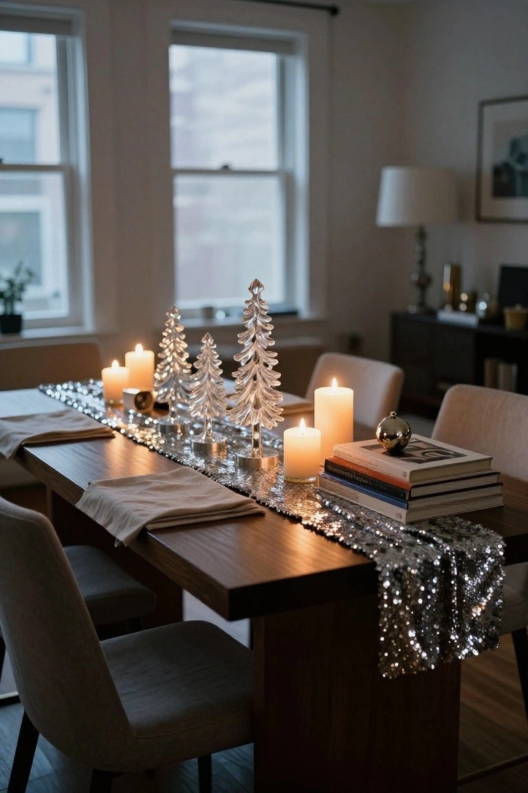 Dining table in a living room with large windows, decorated for Christmas using a long silver glitter table runner, several crystal pine trees, white pillar candles, stacked books, gold ornaments, and beige linen napkins on wooden chairs.