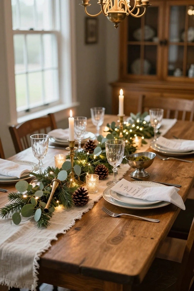 Wooden dining table in a room with Christmas centerpiece of pine branches, eucalyptus leaves, fairy lights, pinecones, candles, crystal glasses, and white plates with napkins.