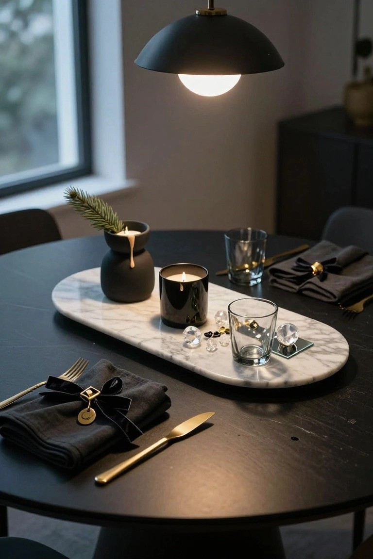 Oval white marble tray on a black round dining table holding black candles, clear glass tumblers, scattered clear crystals, and black napkins with gold bow accents, with gold flatware nearby in a dimly lit room.