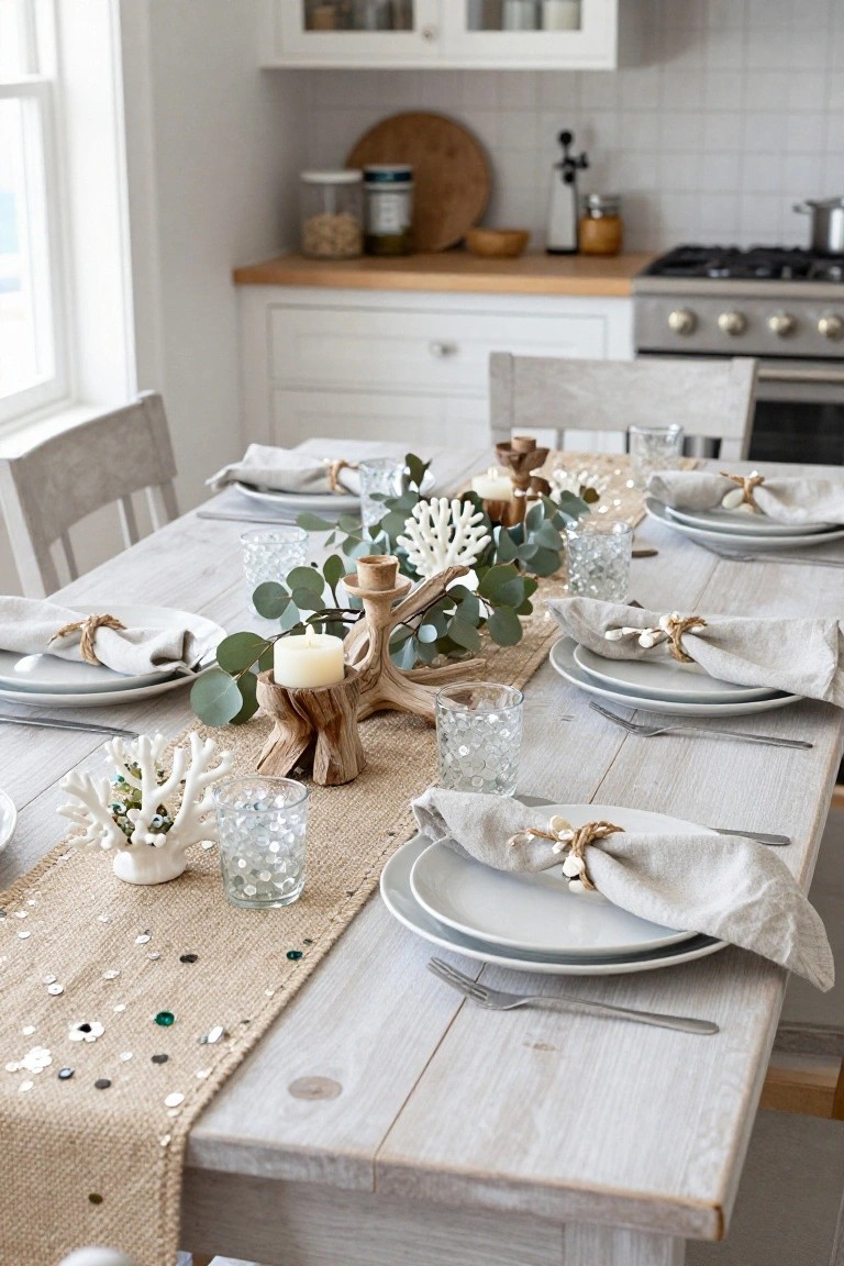 Dining table in a white kitchen set for a meal with a sequined jute runner, driftwood candle holder, coral decorations, eucalyptus leaves, glassware with beads, white plates, linen napkins with shell ties, and wooden chairs.