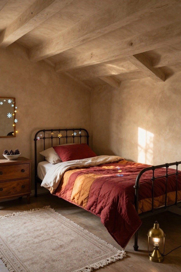 Attic bedroom featuring black iron bed with snowflake Christmas lights draped on headboard, wooden dresser holding pinecones in bowl, beige fringed rug, brass lantern lamp, and mirror with matching lights on beige walls under wooden beams.