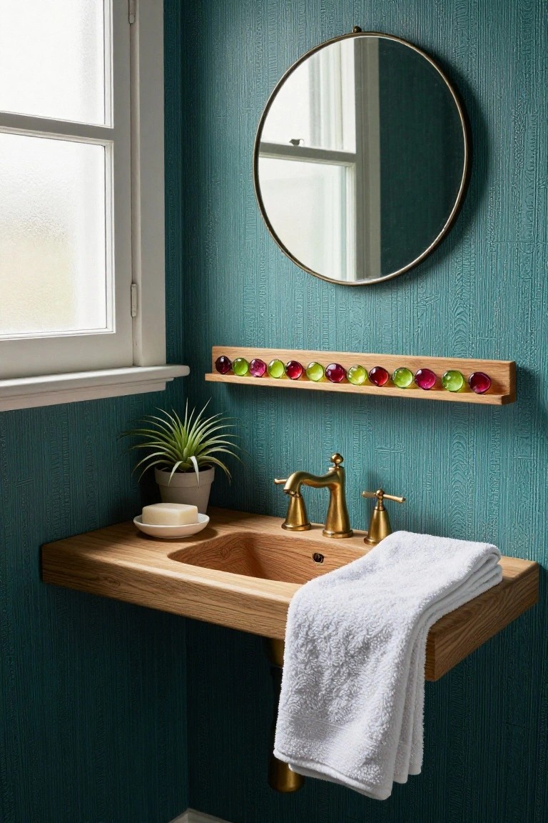 Bathroom corner with teal textured walls, oak floating vanity and sink with gold faucet and white towel draped over, potted plant and soap dish on vanity, wooden shelf above with row of multicolored glass beads, and round brass mirror nearby.