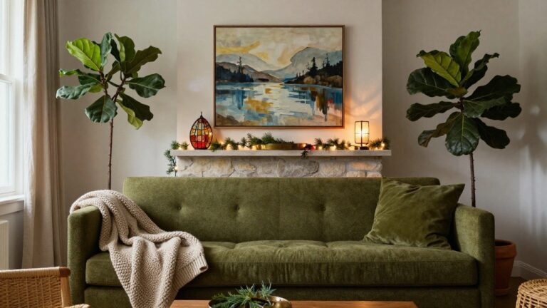 Living room interior featuring a stone fireplace with wooden mantel strung with small Christmas lights and a stained glass lantern, next to a tall fiddle leaf fig plant, green armchair, wooden coffee table holding greenery in a gold dish, blue wall, and patterned rug.