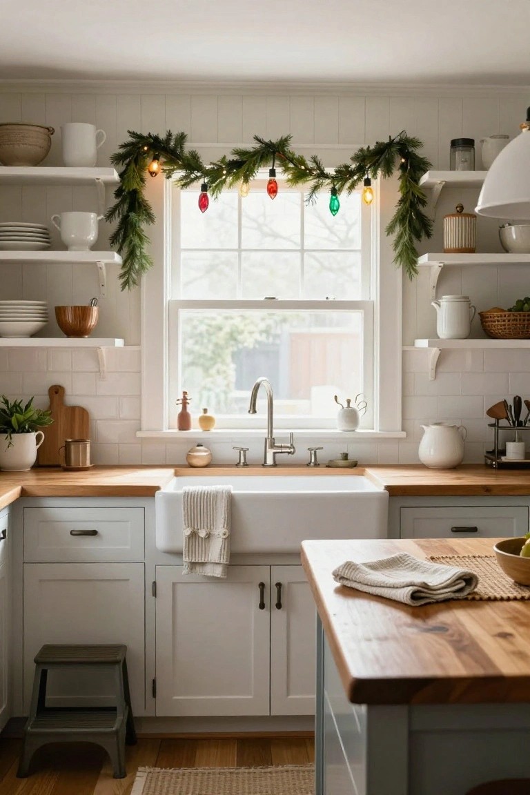 White kitchen with farm sink under a large window framed by evergreen garland strung with colorful retro Christmas bulb lights, wooden counters, open shelves with dishes, and plants.