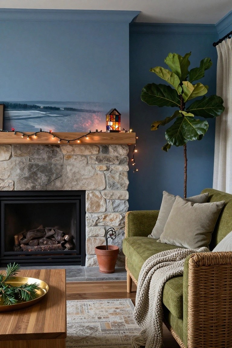 Living room interior featuring a stone fireplace with wooden mantel strung with small Christmas lights and a stained glass lantern, next to a tall fiddle leaf fig plant, green armchair, wooden coffee table holding greenery in a gold dish, blue wall, and patterned rug.
