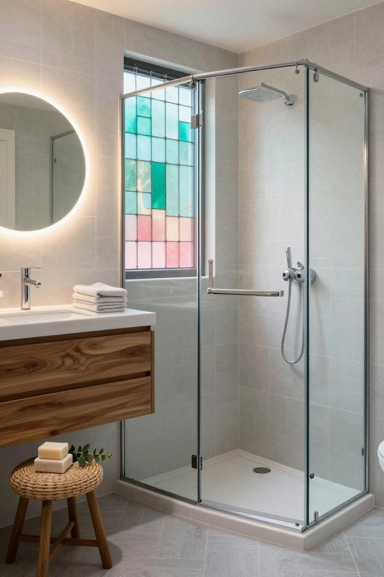 Modern gray-tiled bathroom with corner glass shower enclosure adjacent to a multicolored stained glass window, wooden vanity with sink, round backlit mirror, stacked towels, soap on woven stool, and toilet.