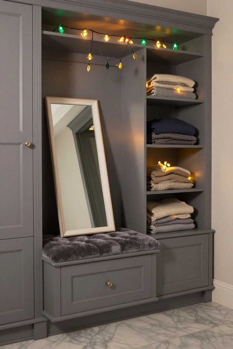 Gray built-in wardrobe with open shelves of folded sweaters and blankets, strings of stained glass Christmas lights draped along the top and shelves, a full-length mirror on one side, and a tufted velvet bench with a drawer below, on a marble floor.