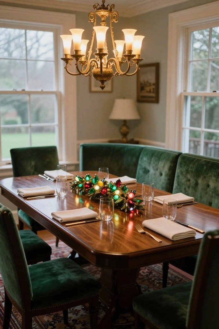 Formal dining room with wooden table centered by garland of colorful stained glass Christmas ornaments and lights, green velvet chairs, chandelier overhead, table lamp, and windows showing garden view.